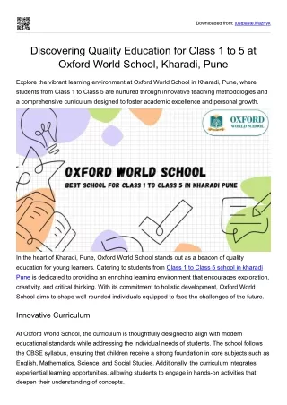 Discovering Quality Education for Class 1 to 5 at Oxford World School, Kharadi,