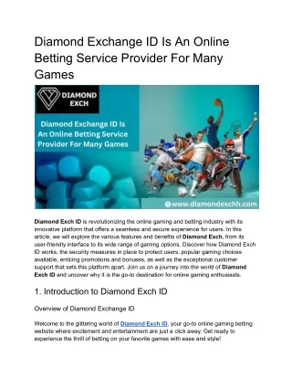 Diamond Exchange ID Is An Online Betting Service Provider For Many Games