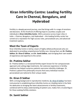 Kiran Infertility Centre Leading Fertility Care in Chennai, Bengaluru, and Hyderabad