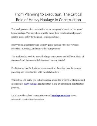 From Planning to Execution - The Critical Role of Heavy Haulage in Construction