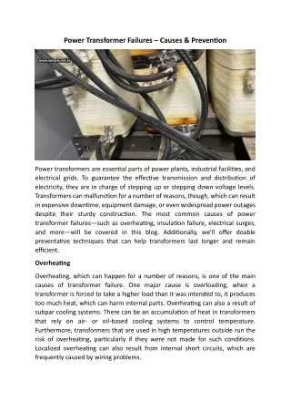 Power Transformer Failures – Causes & Prevention