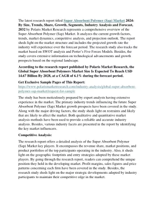 Super Absorbent Polymer (Sap) Market Survey On Emerging Opportunities By 2032