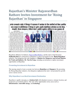 Rajyavardhan Rathore Invites Investment for Rising Rajasthan bin Singapore