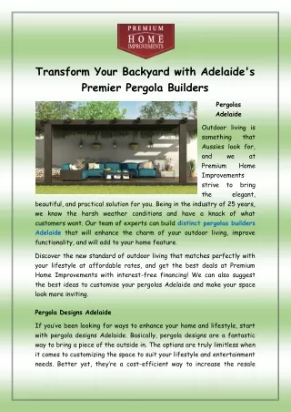 Transform Your Backyard with Adelaide's Premier Pergola Builders