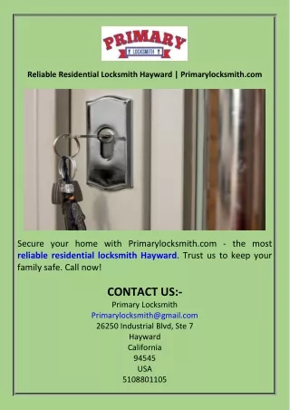 Reliable Residential Locksmith Hayward  Primarylocksmith.com