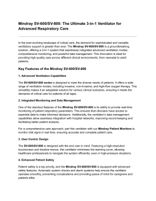 Mindray SV-600_SV-800_ The Ultimate 3-in-1 Ventilator for Advanced Respiratory Care