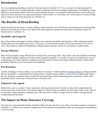 The Impact of Metal Roofing on Your Home Insurance in Carlsbad, CA