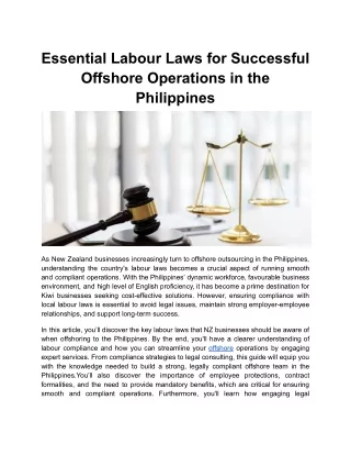 Essential Labour Laws for Successful Offshore Operations in the Philippines