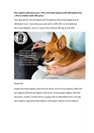 Pets registry with best price  Pets microchip registry` with affordable price  Pet id creation with offer price