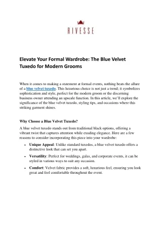Elevate Your Formal Wardrobe The Blue Velvet Tuxedo for Modern Grooms