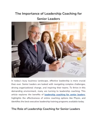 The Importance of Leadership Coaching for Senior Leaders - Physis