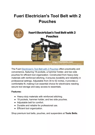 Fueri Electrician's Tool Belt with 2 Pouches