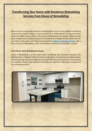 Transforming Your Home with Residence Remodeling Services from House of Remodeling