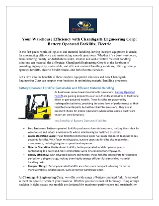 Your Warehouse Efficiency with Chandigarh Engineering Corp Battery Operated Forklifts, Electric