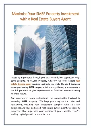Maximise Your SMSF Property Investment with a Real Estate Buyers Agent