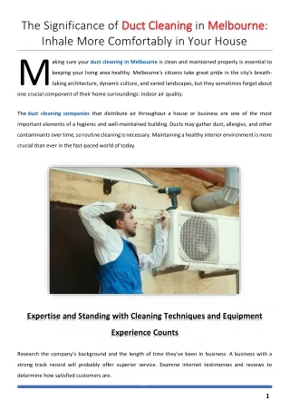 The Significance of Duct Cleaning in Melbourne Inhale More Comfortably in Your House