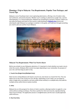 Planning a Trip to Malaysia Visa Requirements, Popular Tour Packages, and Travel Tips