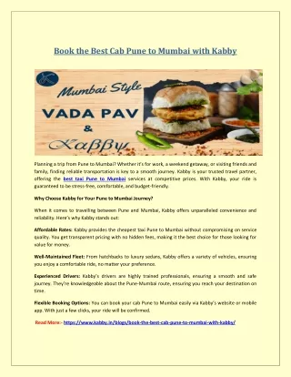 Book the Best Cab Pune to Mumbai with Kabby