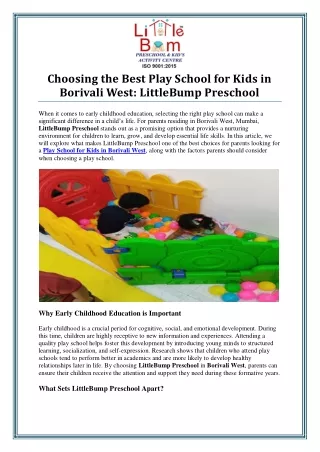 Play School for Kids in Borivali West – A Nurturing Start for Young Learners
