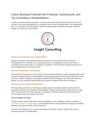 Unlock Business Potential with Financial, Cybersecurity, and Tax Consulting in Kodambakkam