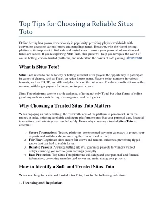 Top Tips for Choosing a Reliable Situs Toto