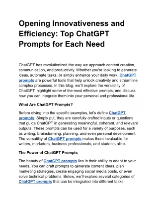 Opening Innovativeness and Efficiency: Top ChatGPT Prompts for Each Need