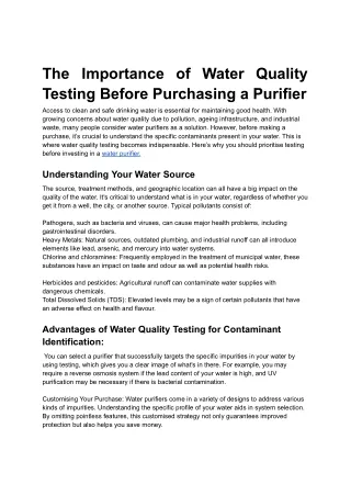 The Importance of Water Quality Testing Before Purchasing a Purifier