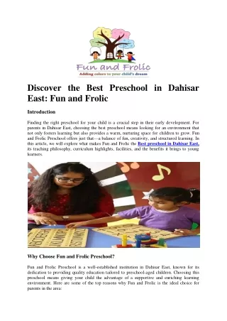 Discover the Best Preschool in Dahisar East: Fun and Frolic