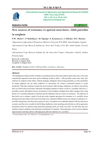 New sources of resistance to spotted stem borer, Chilo partellus in sorghum