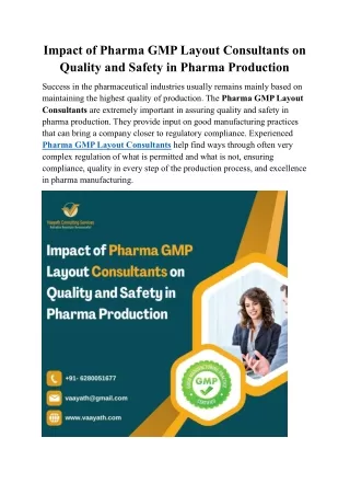 Impact of Pharma GMP Layout Consultants on Quality and Safety in Pharma Production