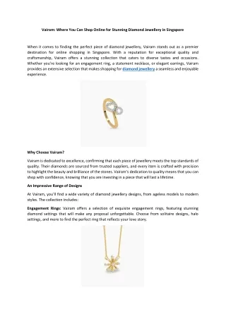 Vairam Where You Can Shop Online for Stunning Diamond Jewellery in Singapore