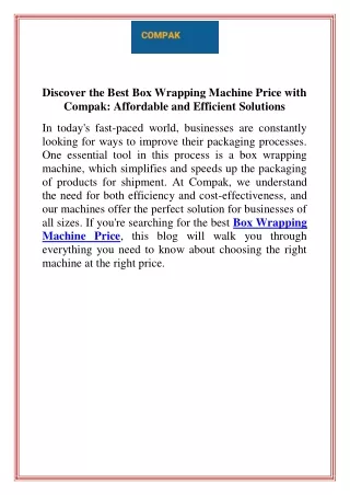 Discover the Best Box Wrapping Machine Price with Compak Affordable and Efficient Solutions