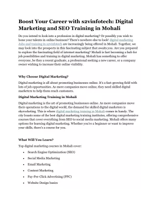 Boost Your Career with s2vinfotech: Digital Marketing and SEO Training in Mohali