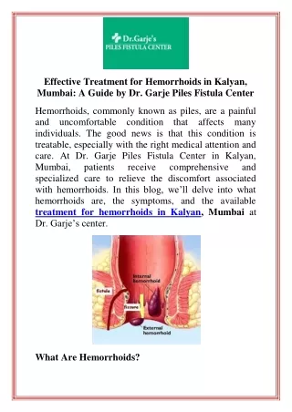 Effective Treatment for Hemorrhoids in Kalyan, Mumbai A Guide by Dr. Garje Piles Fistula Center