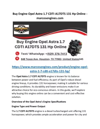 Buy Engine Opel Astra 1.7 CDTI A17DTS 131 Hp Online - marcosengines.com