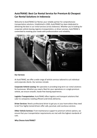 AutoTRANZ Best Car Rental Service for Premium & Cheapest Car Rental Solutions in Indonesia