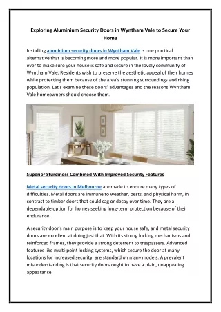 Exploring Aluminium Security Doors in Wyntham Vale to Secure Your Home