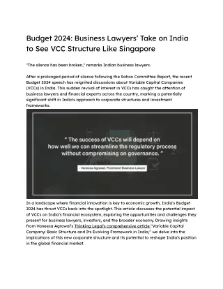 Budget 2024_ Business Lawyers’ Take on India to See VCC Structure Like Singapore