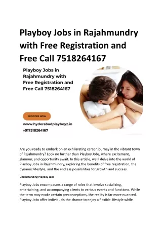 Playboy Jobs in Rajahmundry with Free Registration and Free Call 7518264167