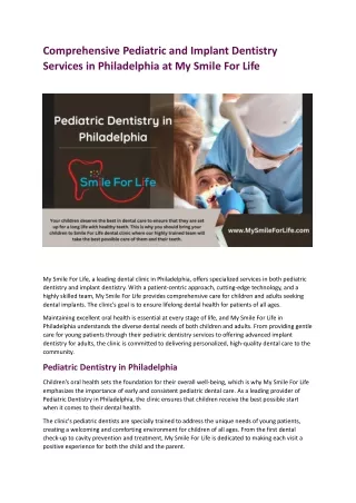 Comprehensive Pediatric and Implant Dentistry Services in Philadelphia at My Smile For Life