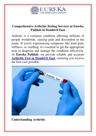 Comprehensive Arthritis Testing Services at Eureka Pathlab in Dombivli East