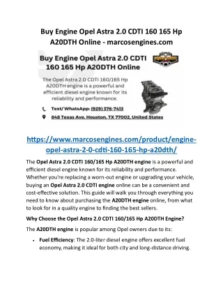 Buy Engine Opel Astra 2.0 CDTI 160 165 Hp A20DTH Online — marcosengines.com