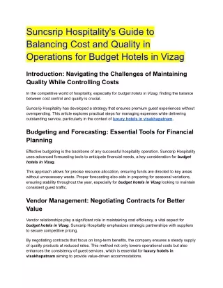 Suncsrip Hospitality's Guide to Balancing Cost and Quality in Operations for Budget Hotels in Vizag