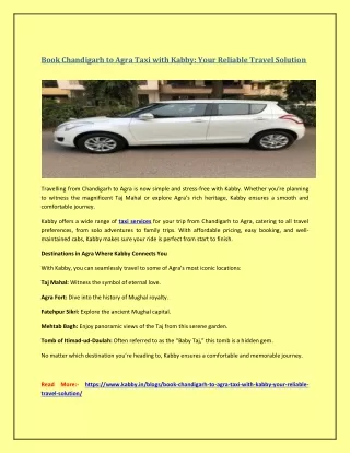 Book Chandigarh to Agra Taxi with Kabby: Your Reliable Travel Solution