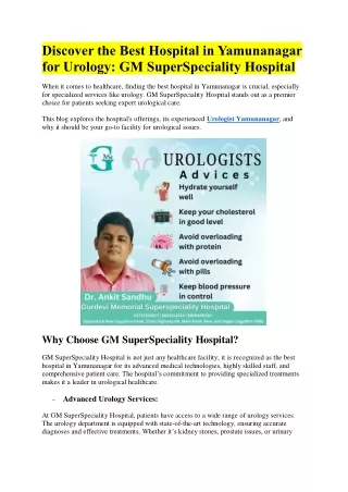 Discover the Best Hospital in Yamunanagar for Urology - GM SuperSpeciality Hospital