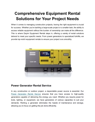 Comprehensive Equipment Rental Solutions for Your Project Needs