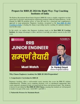 Prepare for RRB JE 2024 the Right Way Top Coaching Institutes of India