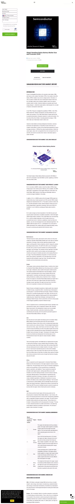 Global Vanadium Redox Battery Market Trends 2030