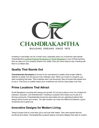 Leading Property Developers in South Bangalore