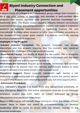 Biyani Industry Connection and Placement opportunities